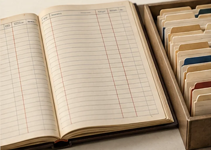 An open ledger with ruled columns beside a drawer of tabbed index cards.
