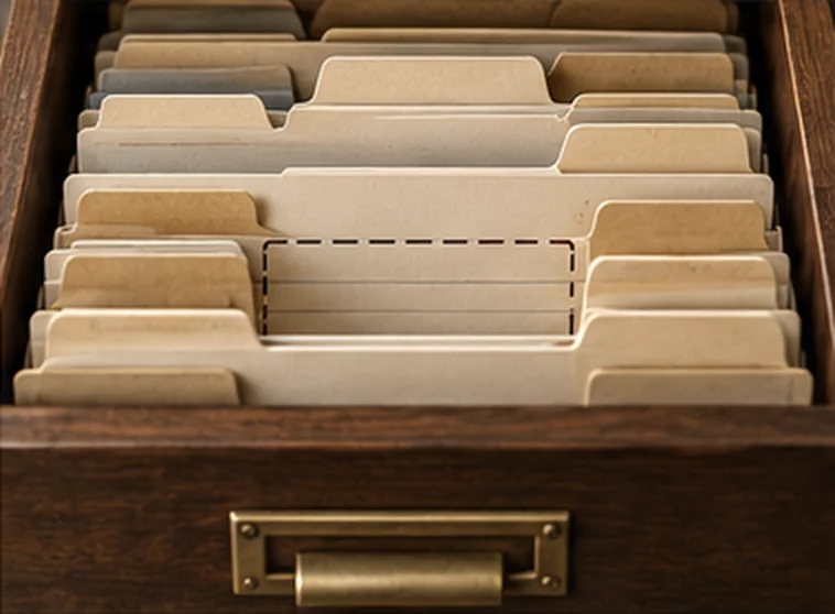 A wooden card drawer with one empty slot outlined in dashes among the files.