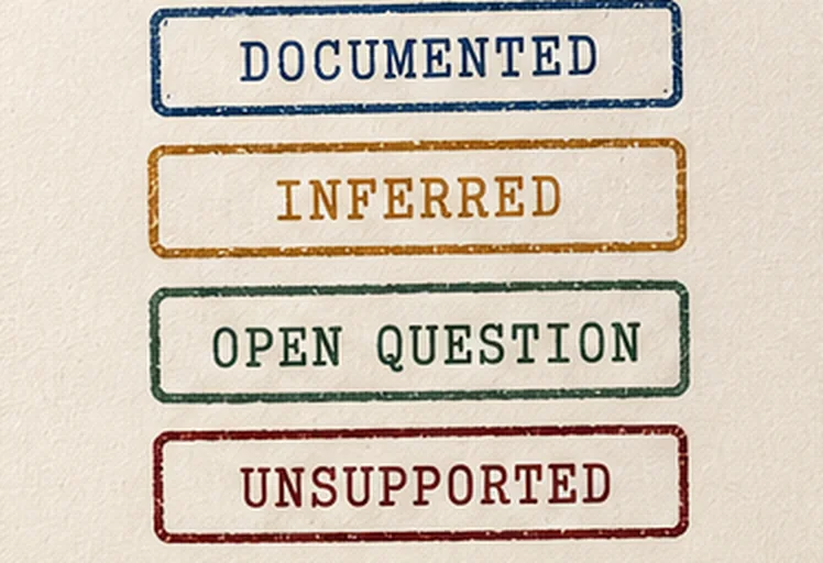 Four rubber-stamp impressions: Documented, Inferred, Open question, Unsupported.
