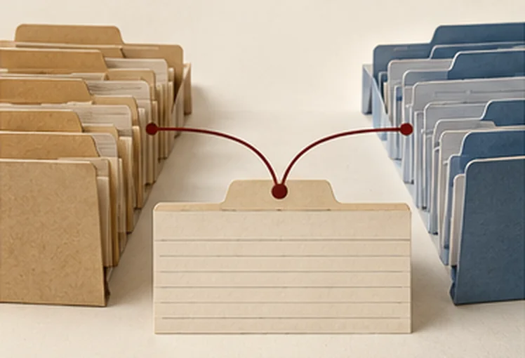Two rows of file folders, manila and blue, joined by red threads to one card between them.