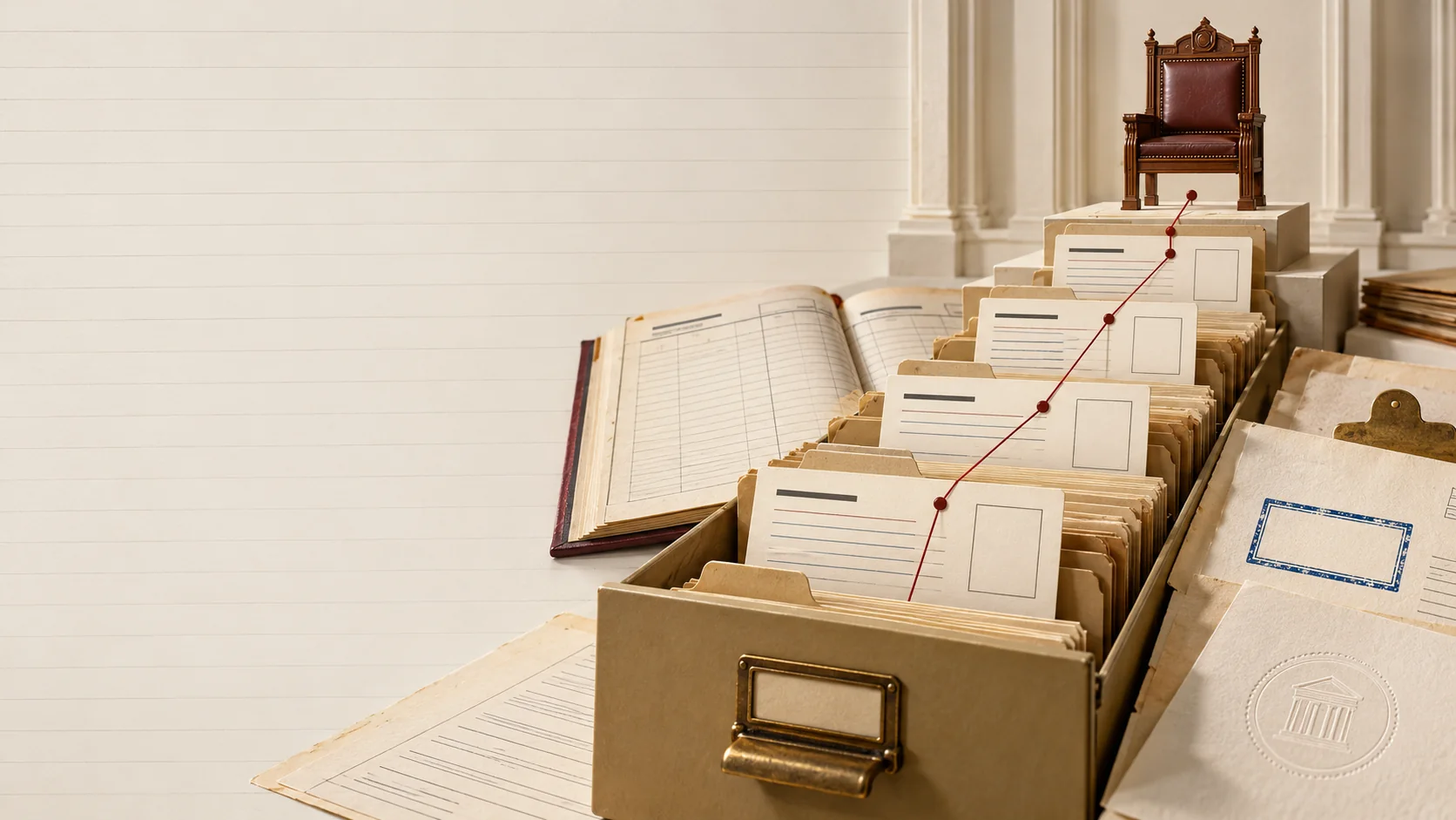 A card-index drawer of family files, a red thread running from card to card up to a carved chair of office on a stone plinth.
