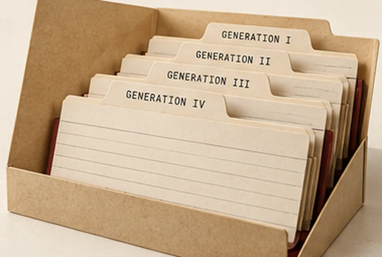 A manila card box of index cards tabbed Generation I to Generation IV.