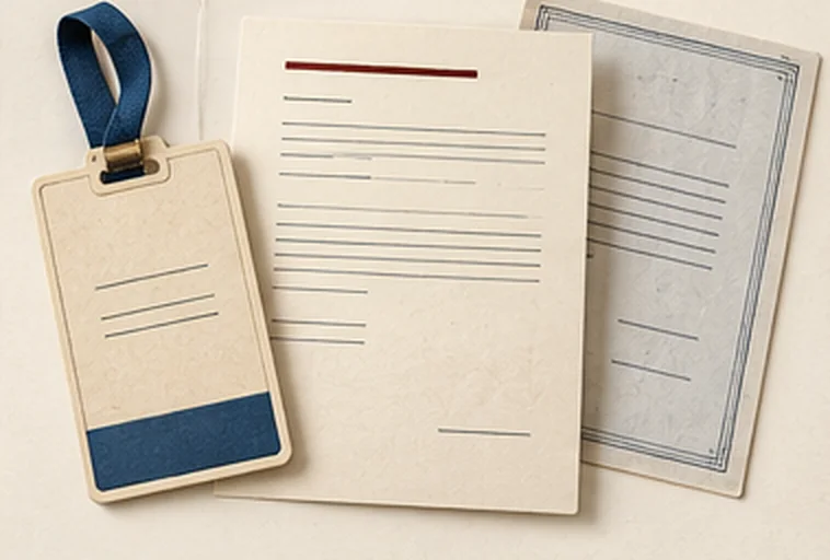 An identity tag on a blue strap beside two typed admission forms.