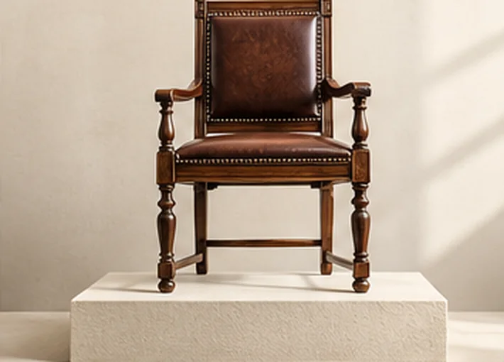 A carved wooden chair with a leather seat, set on a stone plinth.
