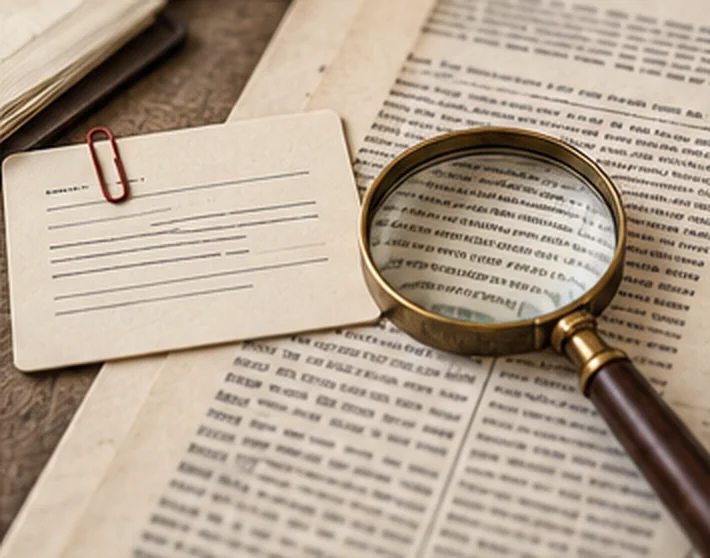 A clipped index card and a brass magnifying glass over a page of small print.
