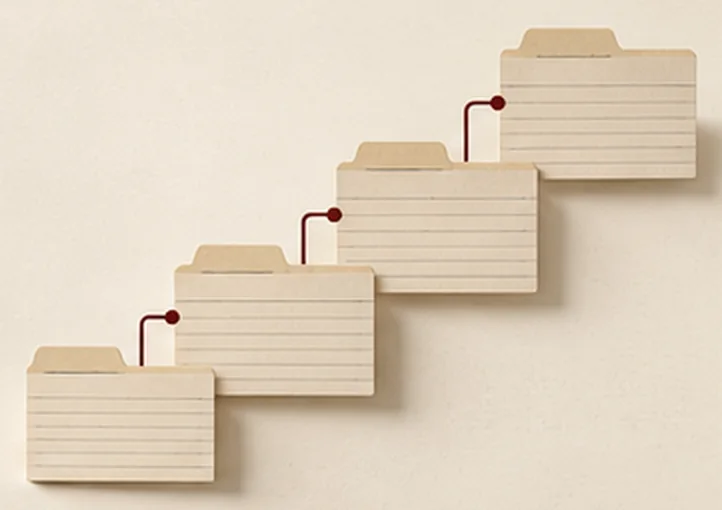 Index cards climbing like stairs, each tied to the next by a red thread.