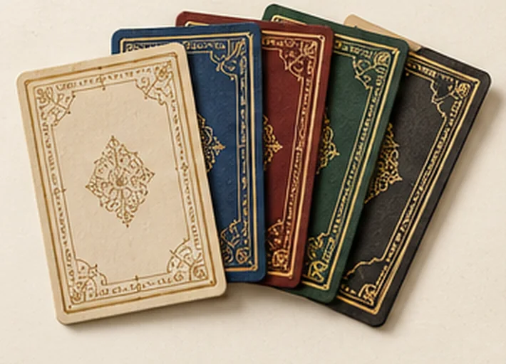 A fanned hand of playing-card backs in cream, blue, oxblood, green and black.