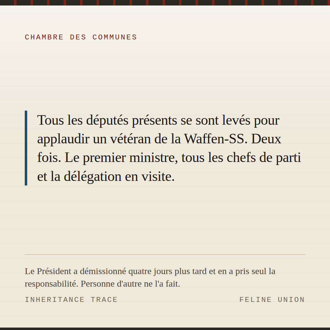 Carte de partage : 22 septembre 2023. Tous les députés présents se sont levés pour applaudir un vétéran de la Waffen-SS. Deux fois. Le premier ministre, tous les chefs de parti et la délégation en visite.