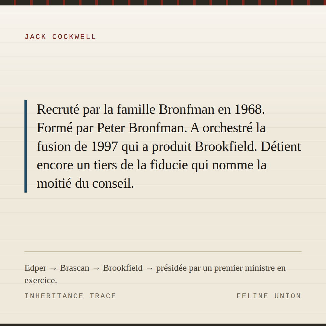 Carte de partage : Cinquante-huit ans. Recruté par la famille Bronfman en 1968. Formé par Peter Bronfman. A orchestré la fusion de 1997 qui a produit Brookfield. Détient encore un tiers de la fiducie qui nomme la moitié du conseil.