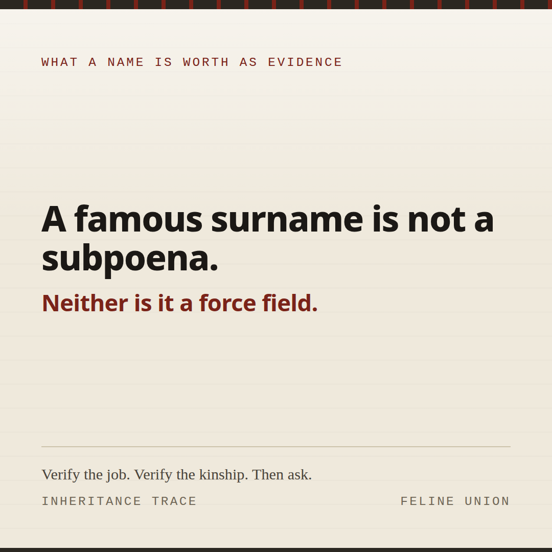 Share card: A surname is not a subpoena. A famous surname is not a subpoena.
