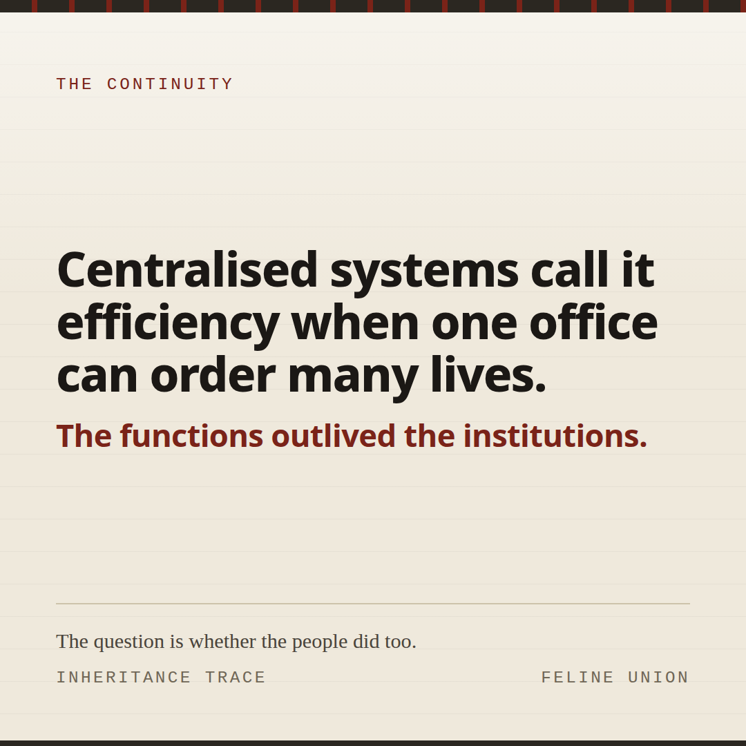 Share card: One office, many lives. Centralised systems call it efficiency when one office can order many lives.