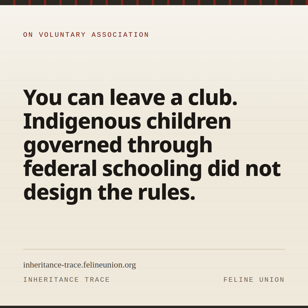 Share card: Nobody chose these rules. You can leave a club. Indigenous children governed through federal schooling did not design the rules.